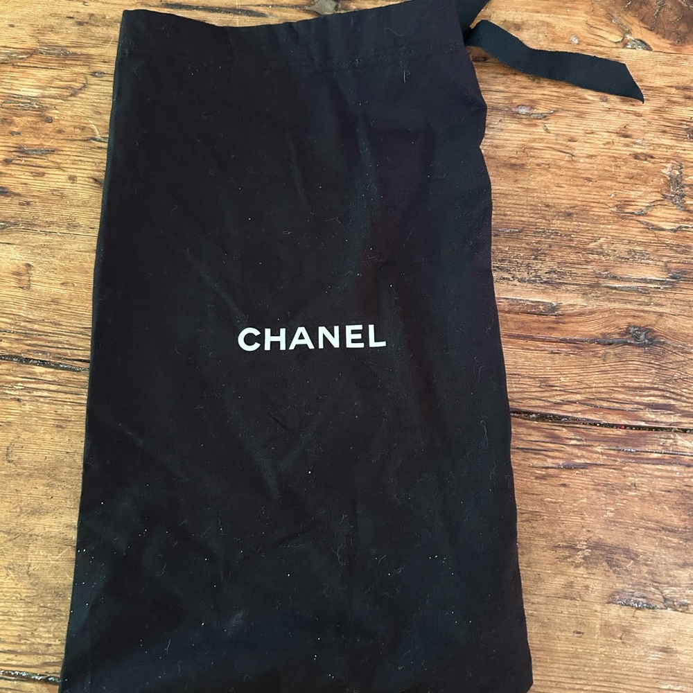 CHANEL Black Drawstring Dust Pouch with White Logo 8x12 1/2